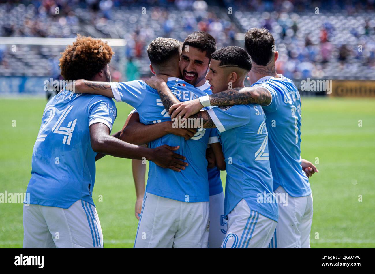 NEW YORK, NY - JULY 9: New York City FC celebrate their 4th goal, coming in the second half of their match agains New York City Revolutions at Yankee Stadium on July 9, 2022 in New York, NY, United States. (Photo by Matt Davies/PxImages) Credit: Px Images/Alamy Live News Stock Photo