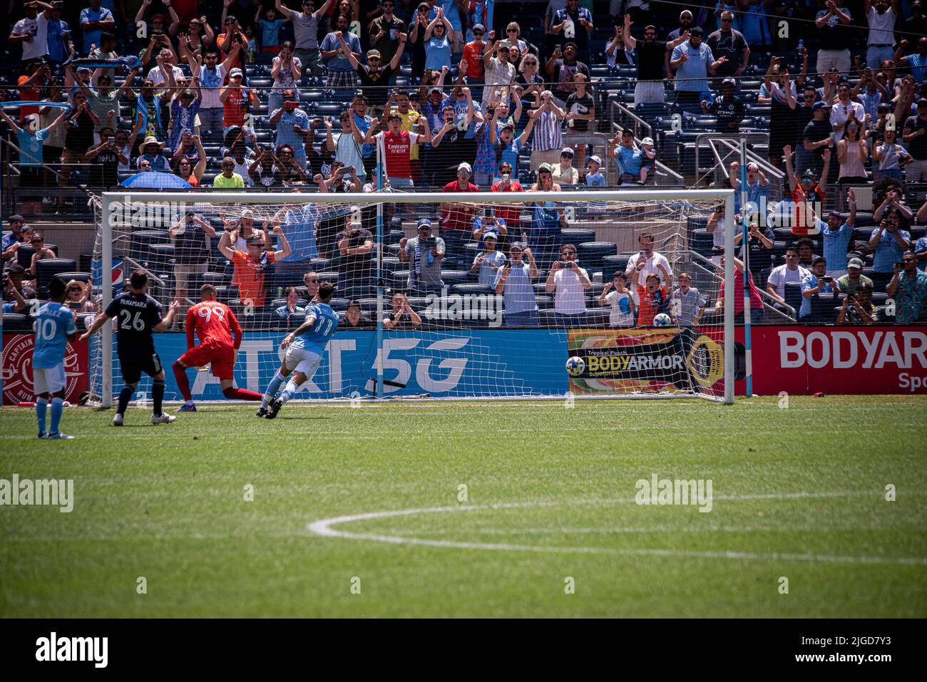 NEW YORK, NY - JULY 9: Valentin Castellanos scores from a penalty kick for the NYC FC in the first half of their match agains New England Revolutions at Yankee Stadium on July 9, 2022 in New York, NY, United States. (Photo by Matt Davies/PxImages) Credit: Px Images/Alamy Live News Stock Photo