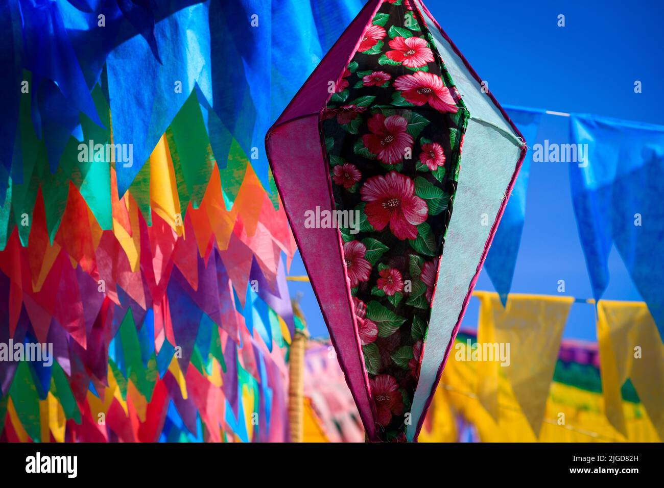 festa junina decoration  - decorative balloons and colorful flags of são joão party in brazil Stock Photo