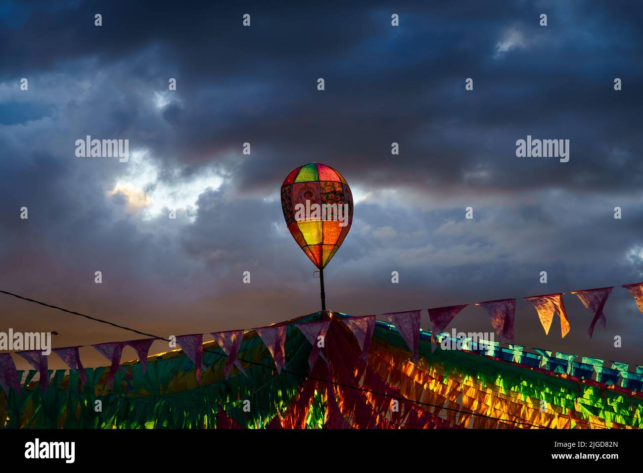 colorful flags and decorative balloon of festa junina in brazil Stock Photo