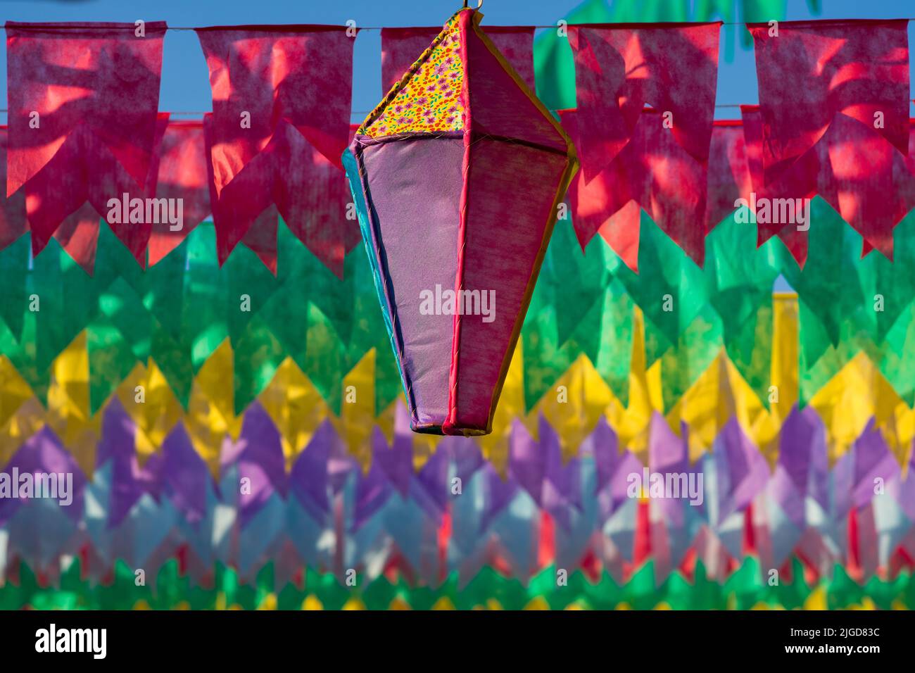 decorative balloon and colorful flags of decoration of festa junina in brazil Stock Photo