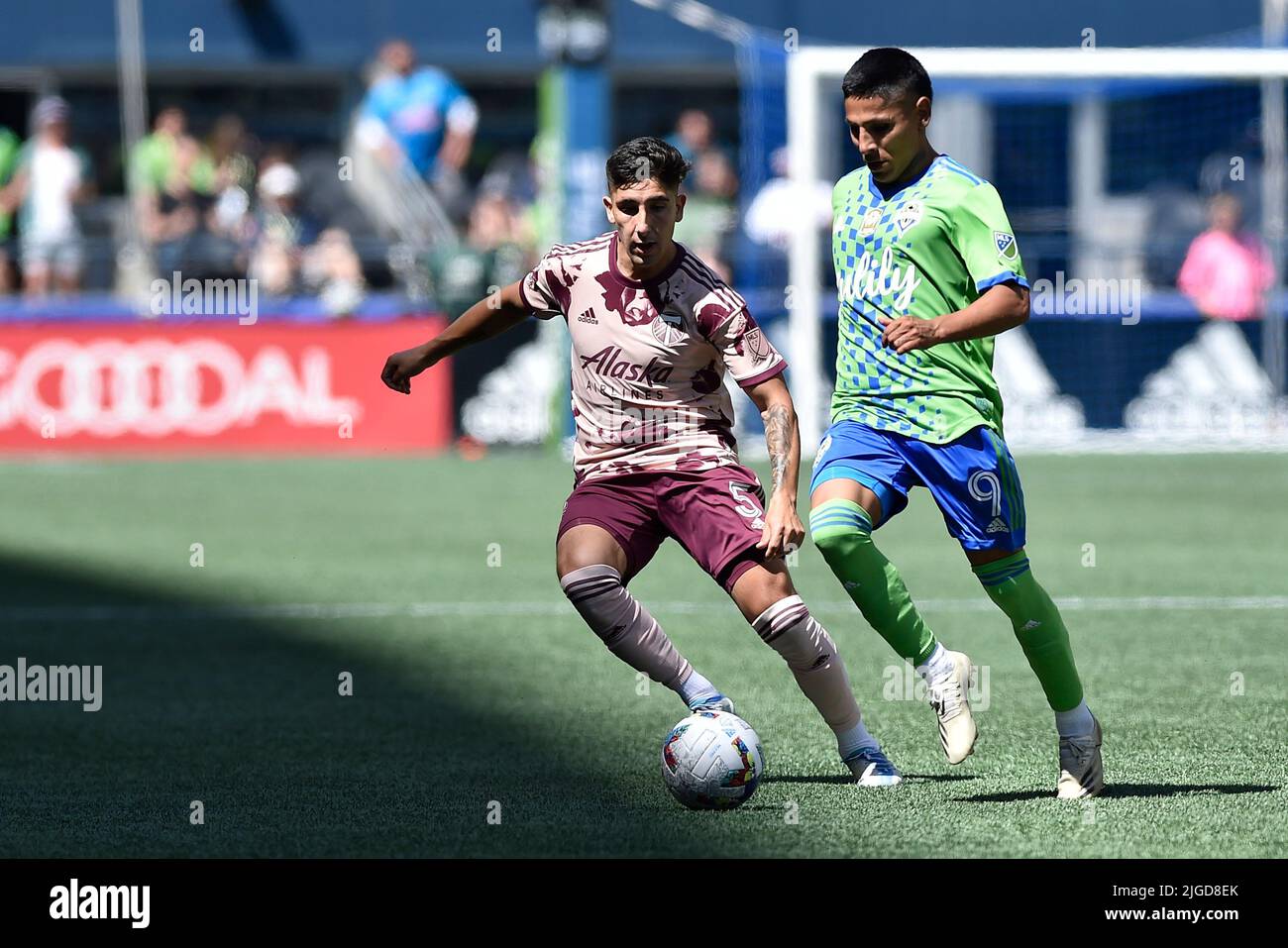 Seattle, WA, USA. 09th July, 2022. Portland Timbers defender Claudio Bravo dribbles the ball ahead of Seattle Sounders forward Paul Ruidiaz during the MLS soccer match between the Portland Timbers and Seattle Sounders FC at Lumen Field in Seattle, WA. Portland defeated Seattle 3-0. Steve Faber/CSM/Alamy Live News Stock Photo