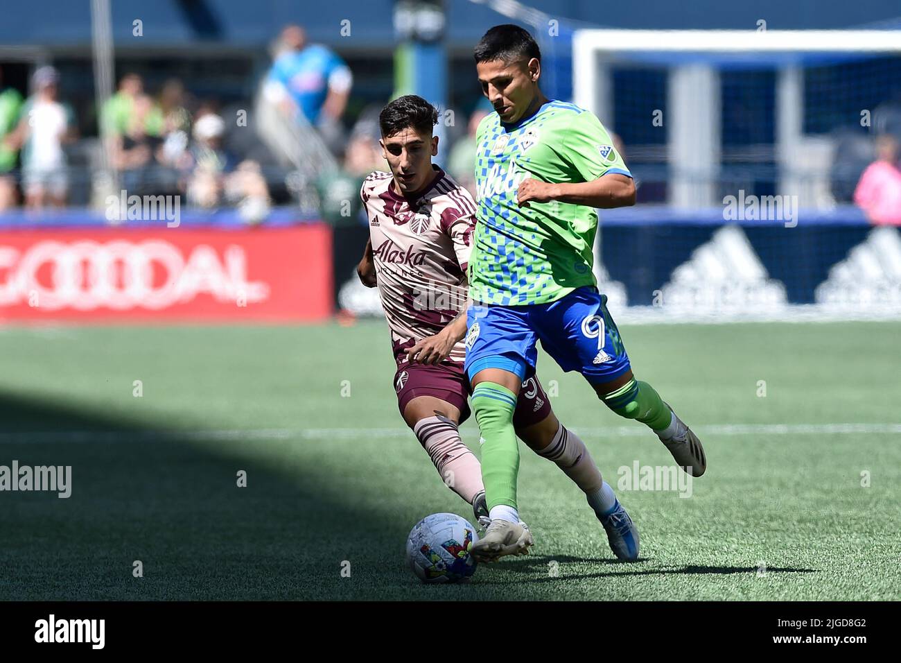 Seattle, WA, USA. 09th July, 2022. Seattle Sounders forward Paul Ruidiaz attempts to take the ball from Portland Timbers defender Claudio Bravo during the MLS soccer match between the Portland Timbers and Seattle Sounders FC at Lumen Field in Seattle, WA. Portland defeated Seattle 3-0. Steve Faber/CSM/Alamy Live News Stock Photo