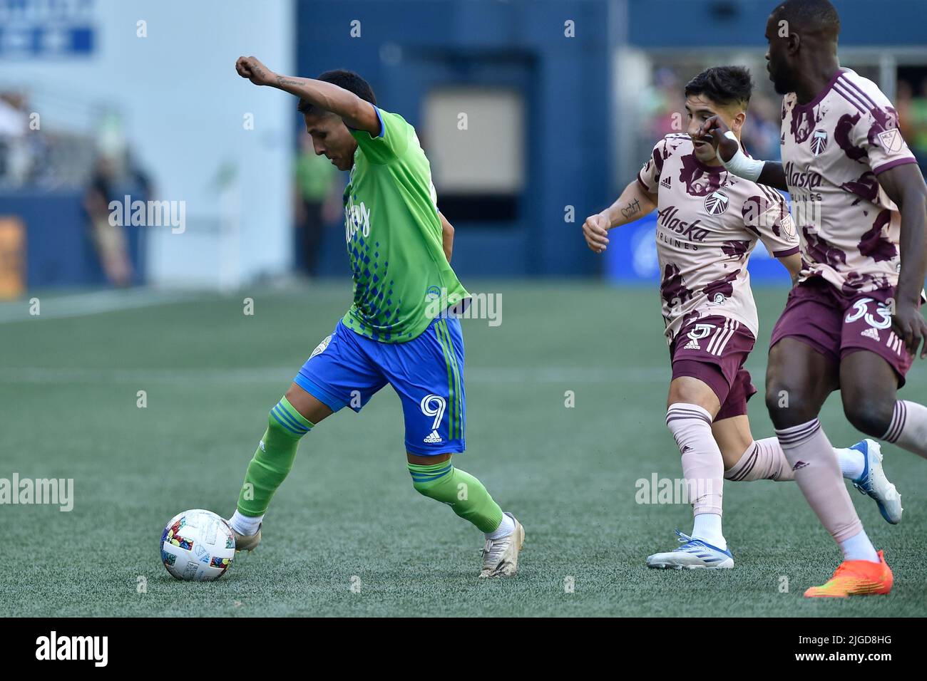 Seattle, WA, USA. 09th July, 2022. Seattle Sounders forward Paul Ruidiaz during the MLS soccer match between the Portland Timbers and Seattle Sounders FC at Lumen Field in Seattle, WA. Portland defeated Seattle 3-0. Steve Faber/CSM/Alamy Live News Stock Photo