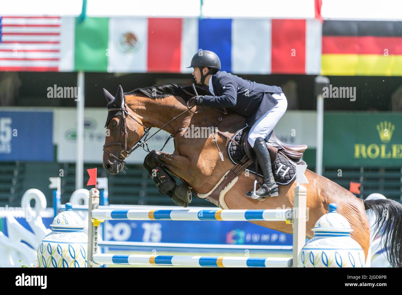 Calgary,  Alberta, Canada, 2022-07-09, Miguel Angel Torres Hernandez (MEX) riding Chacendra,  Spruce Meadows International Showjumping, Queen Elizabeth II Cup, The North American. Credit: Peter Llewellyn/Alamy Live News Stock Photo