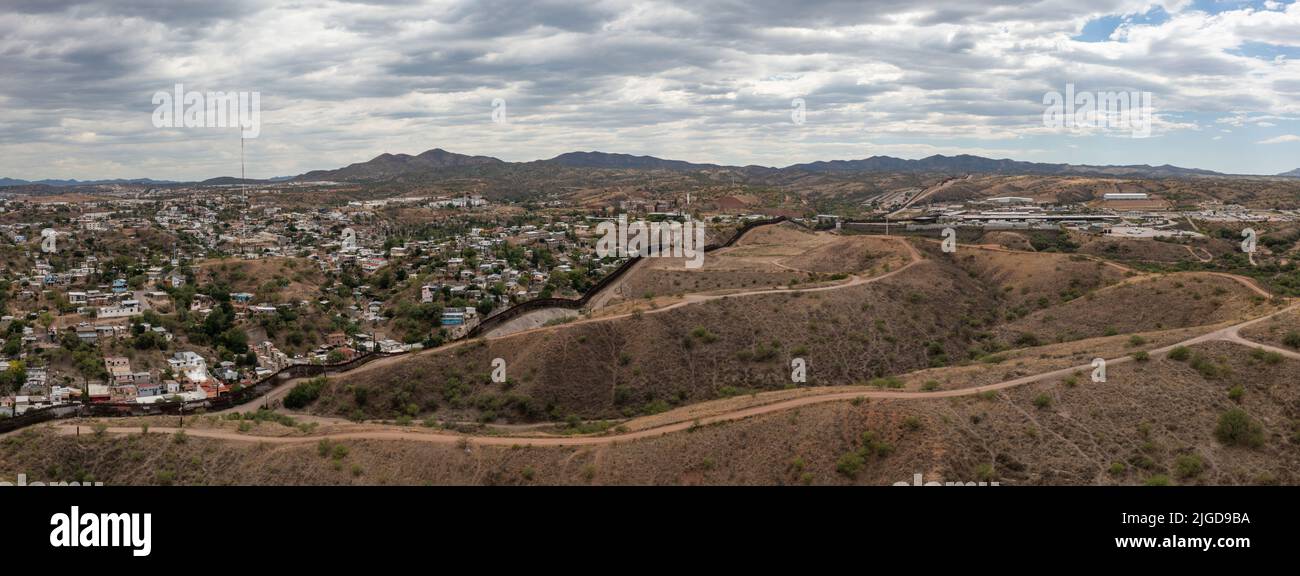 Aerial view of US Mexico Border fence in Nogales, Arizona Stock Photo ...