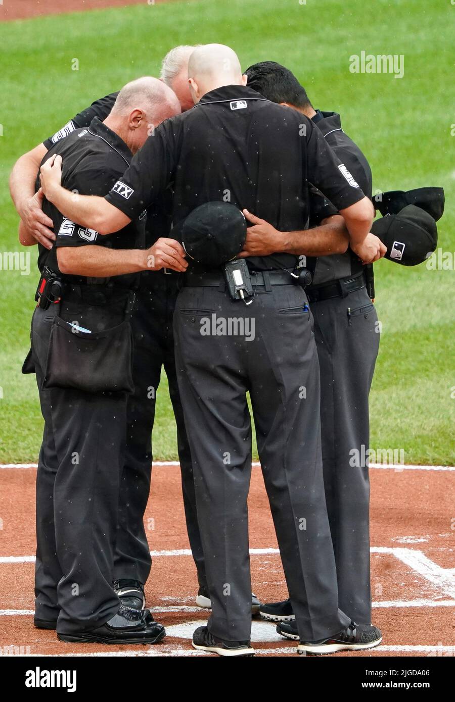 Baltimore, USA. 09th July, 2022. BALTIMORE, MD - JULY 09: Umpiring crew get together before a MLB game between the Baltimore Orioles and the Los Angeles Angels, on July 09, 2022, at Orioles Park at Camden Yards, in Baltimore, Maryland. (Photo by Tony Quinn/SipaUSA) Credit: Sipa USA/Alamy Live News Stock Photo