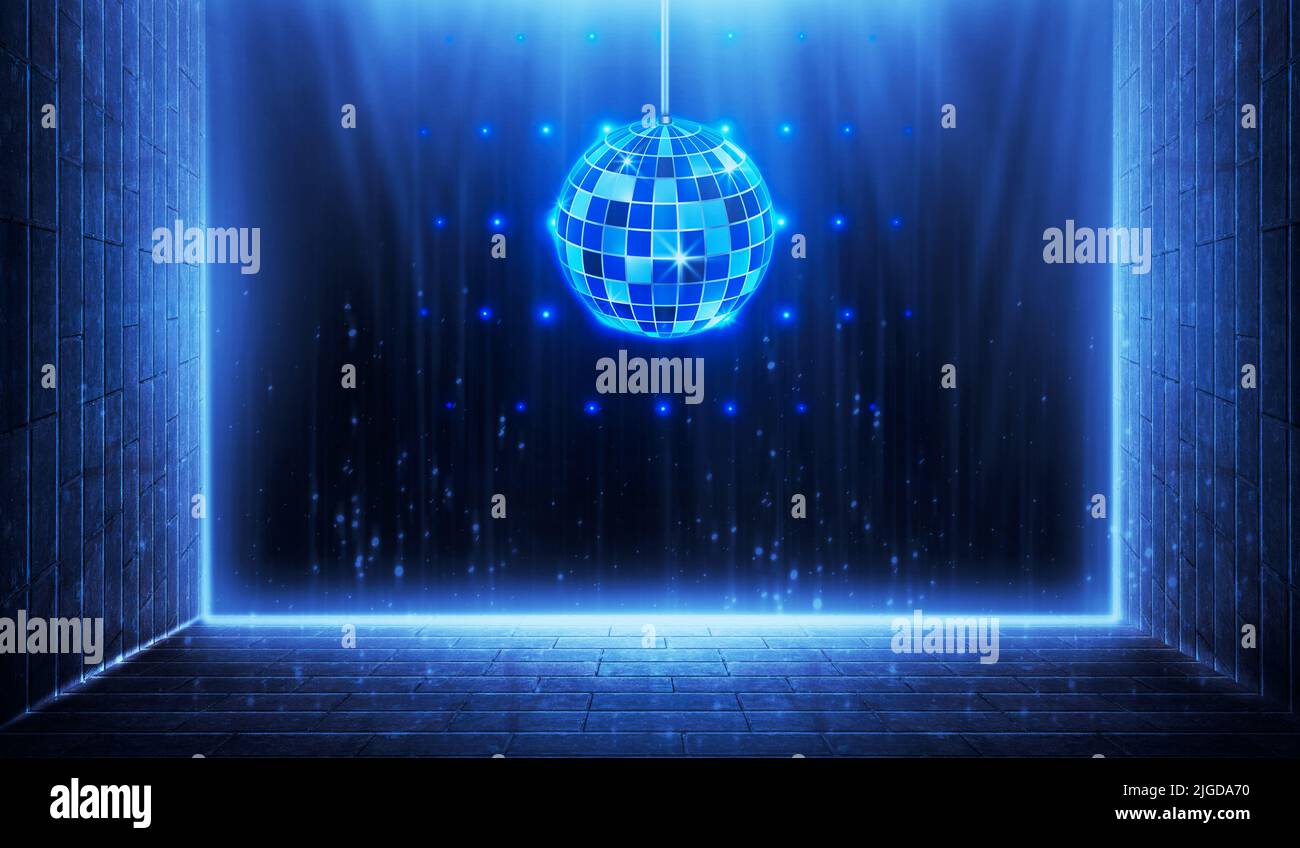 3D rendering Blue disco dance floor with mirror balls mesh circles and spot lights Stock Photo