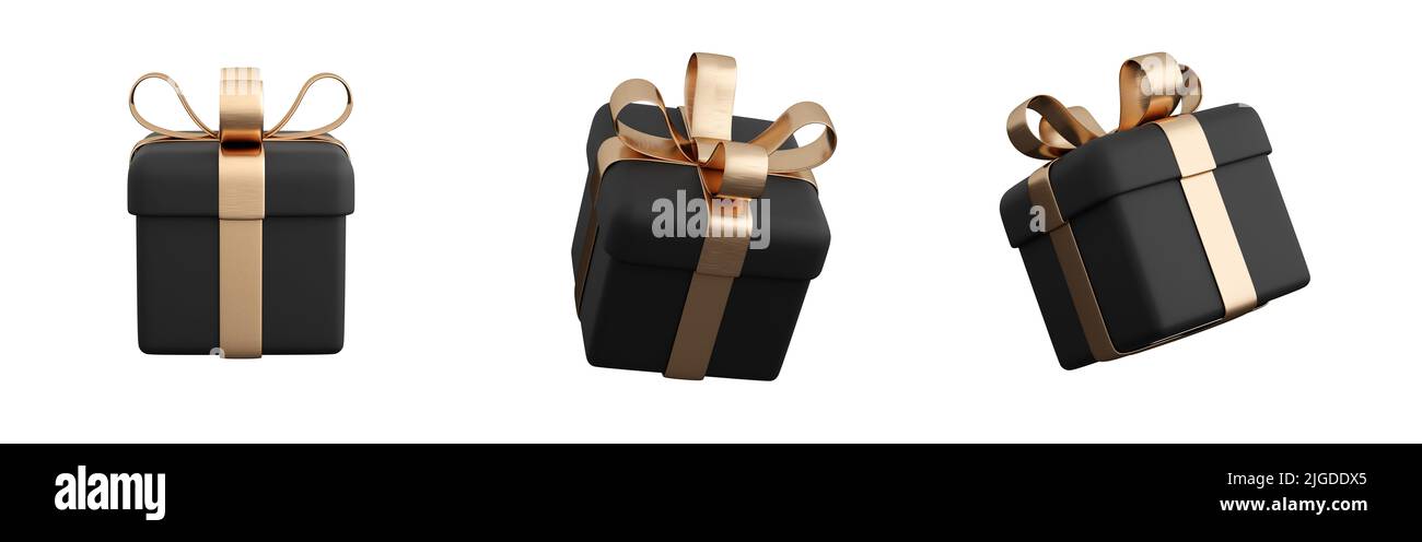 Realistic black gift box set with golden ribbon bow. Concept of ...