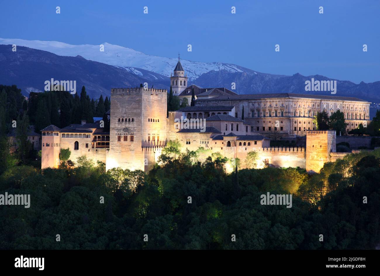 View of Alhambra at twilight, Granada, Spain. Stock Photo