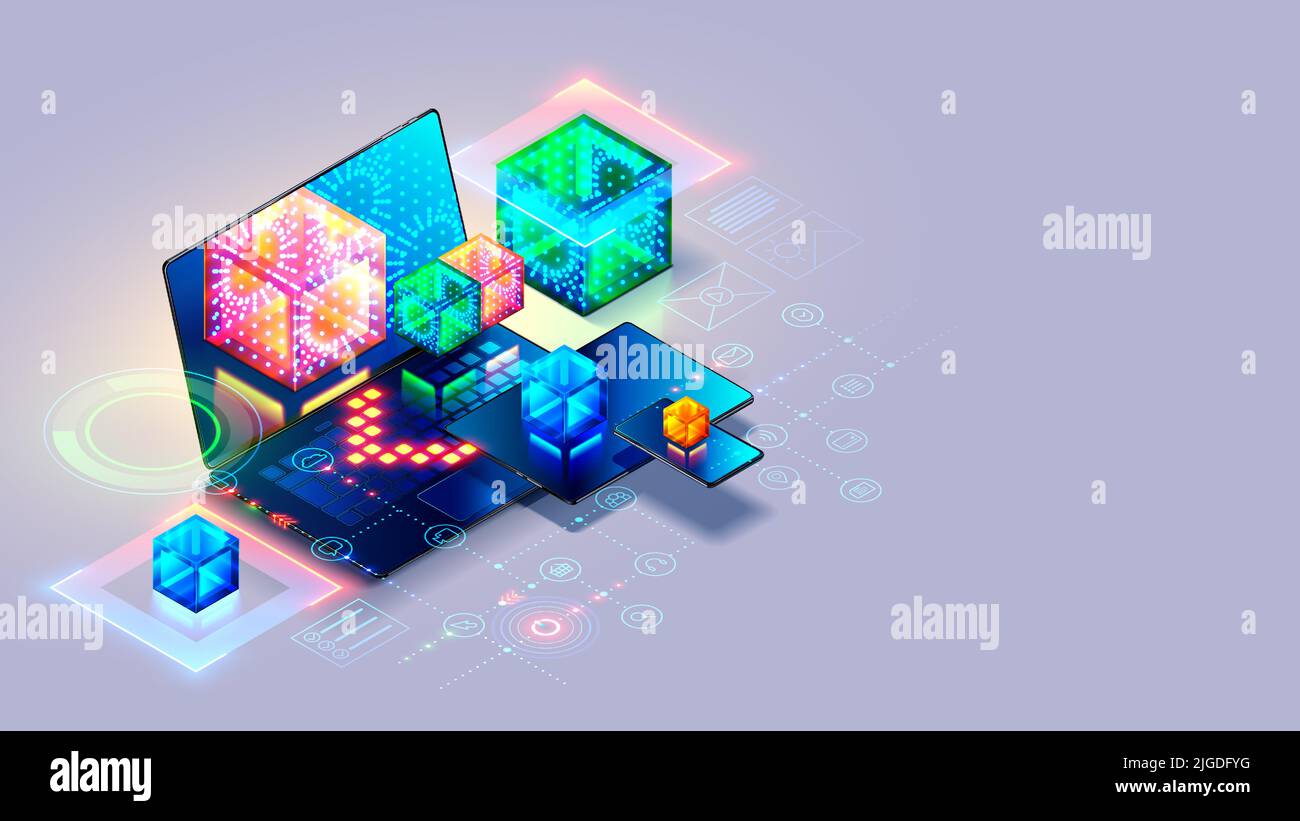 Concept of technology of software development. Computer network of programming digital app. Creating web design and program of business internet Stock Vector