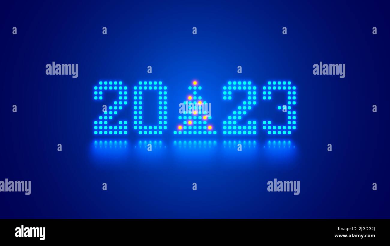 2023 digits, Christmas tree consist glowing pixels in technology style on blue background. New Year card or digital tech calendar poster. Logo of 2023 Stock Vector