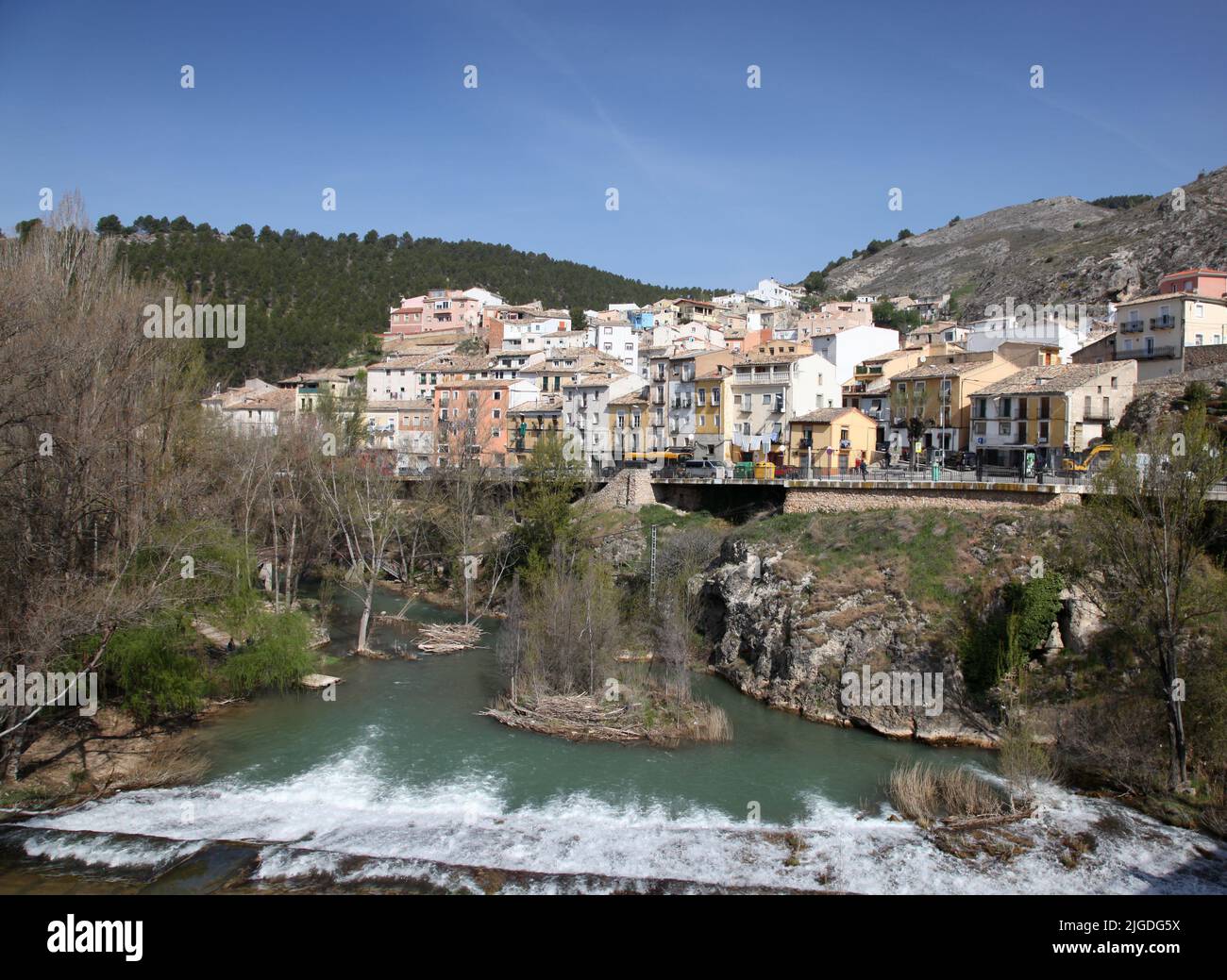 View across Rio Jucar of Cuenca Spain. This tourist destination is a world heritage site. Stock Photo