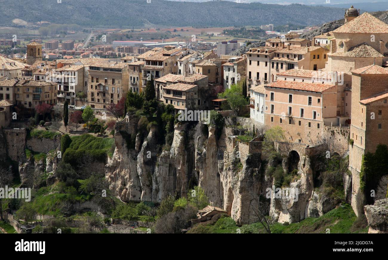 Historic Walled Town of Cuenca - Spain. This view shows the Hanging Houses perched on the cliffside. Stock Photo