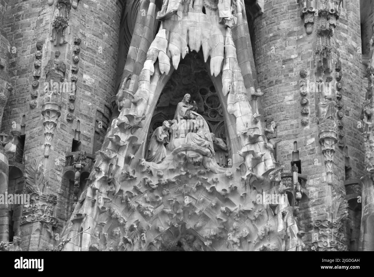 Black and White detail of the famous Sagrada Família church in Barcelona. The church was designed by the famous architect Antoni Gaudi and is still un Stock Photo