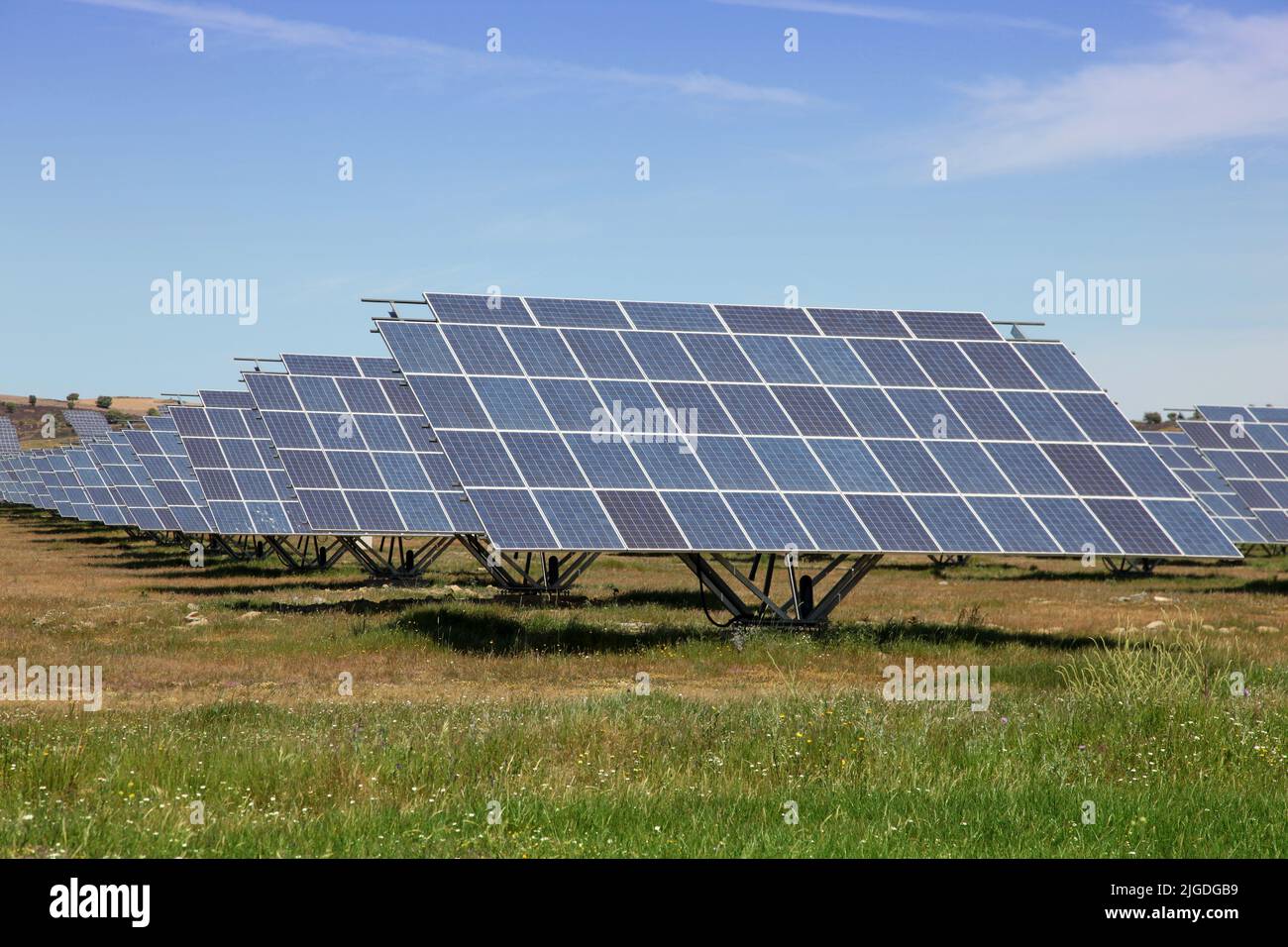 Large scale solar farm in Spain. Solar energy is becoming an important part of the energy mix. Stock Photo