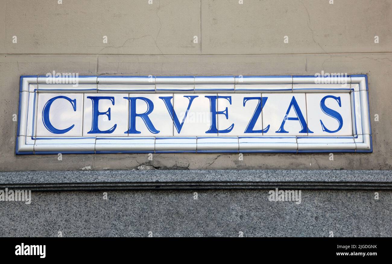 Cervezas sign made from tiles. Cervezas is spanish for Beer Stock Photo