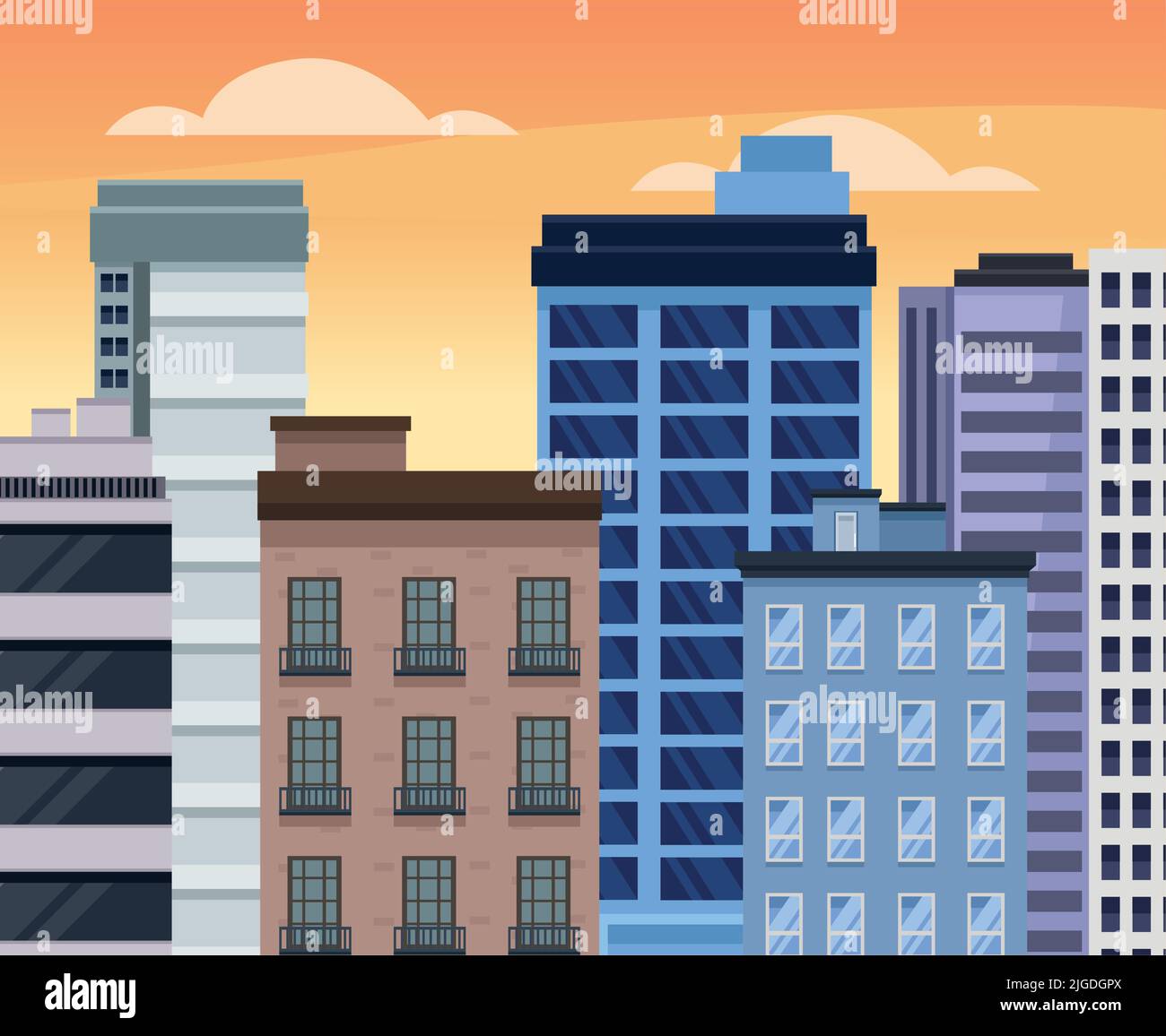 seven city buildings scene Stock Vector