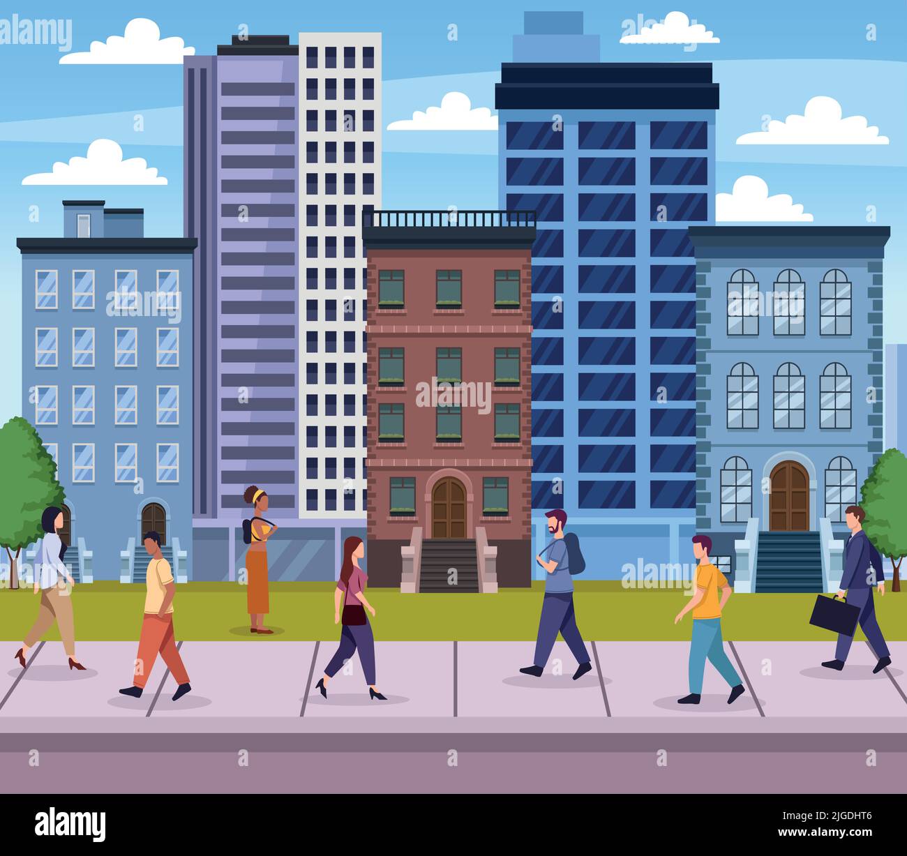 seven persons walking on the city Stock Vector