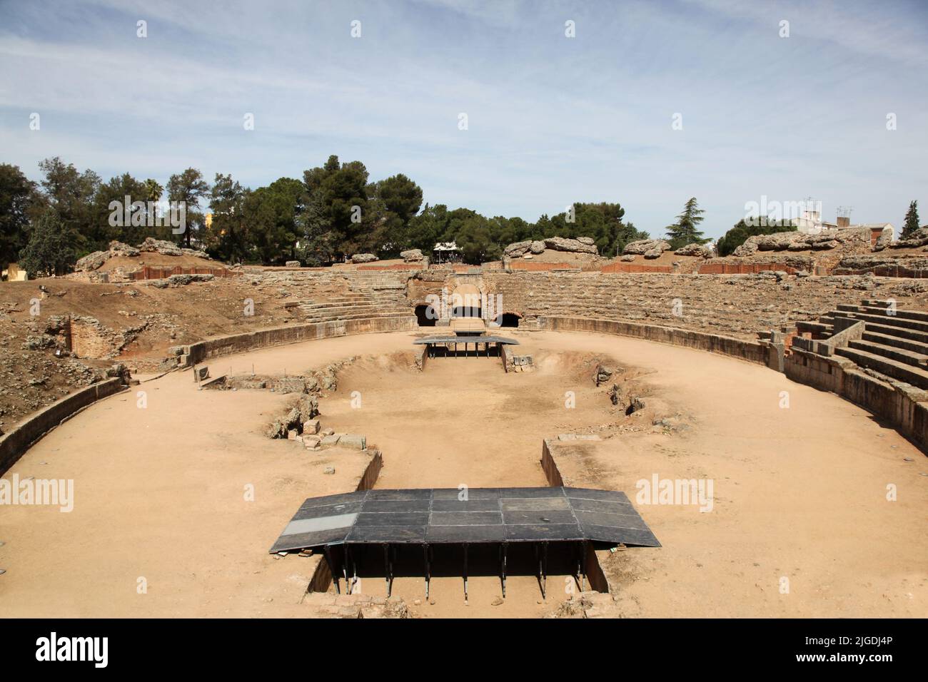 The 'Antifeatro' in Merida Spain was opened in 8 BC for gladiatorial battles and was built to house up to 14,000 spectators. Stock Photo
