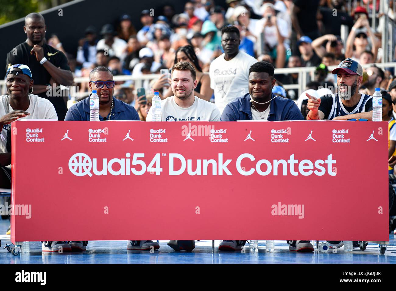 US basketball player Zion Williamson (R) of the New Orleans Pelicans and Slovenian basketball player of the Dallas Mavericks Luka Doncic during the Quai 54 basketball tournament (The World Streetball Championship) in Paris, France on July 9, 2022. Photo by Victor Joly/ABACAPRESS.COM Stock Photo