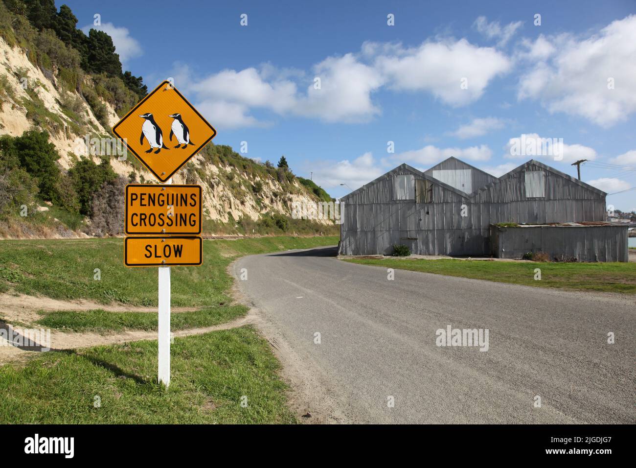 Penguin crossing sign at Oamaru in the South Island of New Zealand. Omaru is home to the blue penguin. Stock Photo