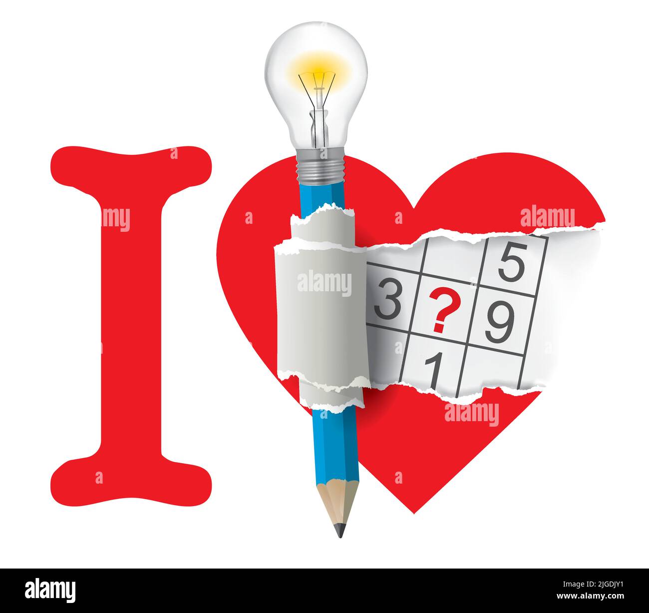 I love sudoku, heart symbol. Torn paper heart with sudoku and smart Pencil with bulb. Isolated on white background. Vector available. Stock Vector