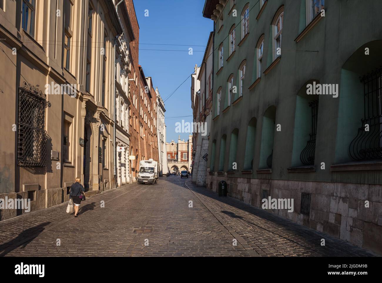 City of Krakow in Poland, cobbled Sienna Street in the Old Town. Stock Photo