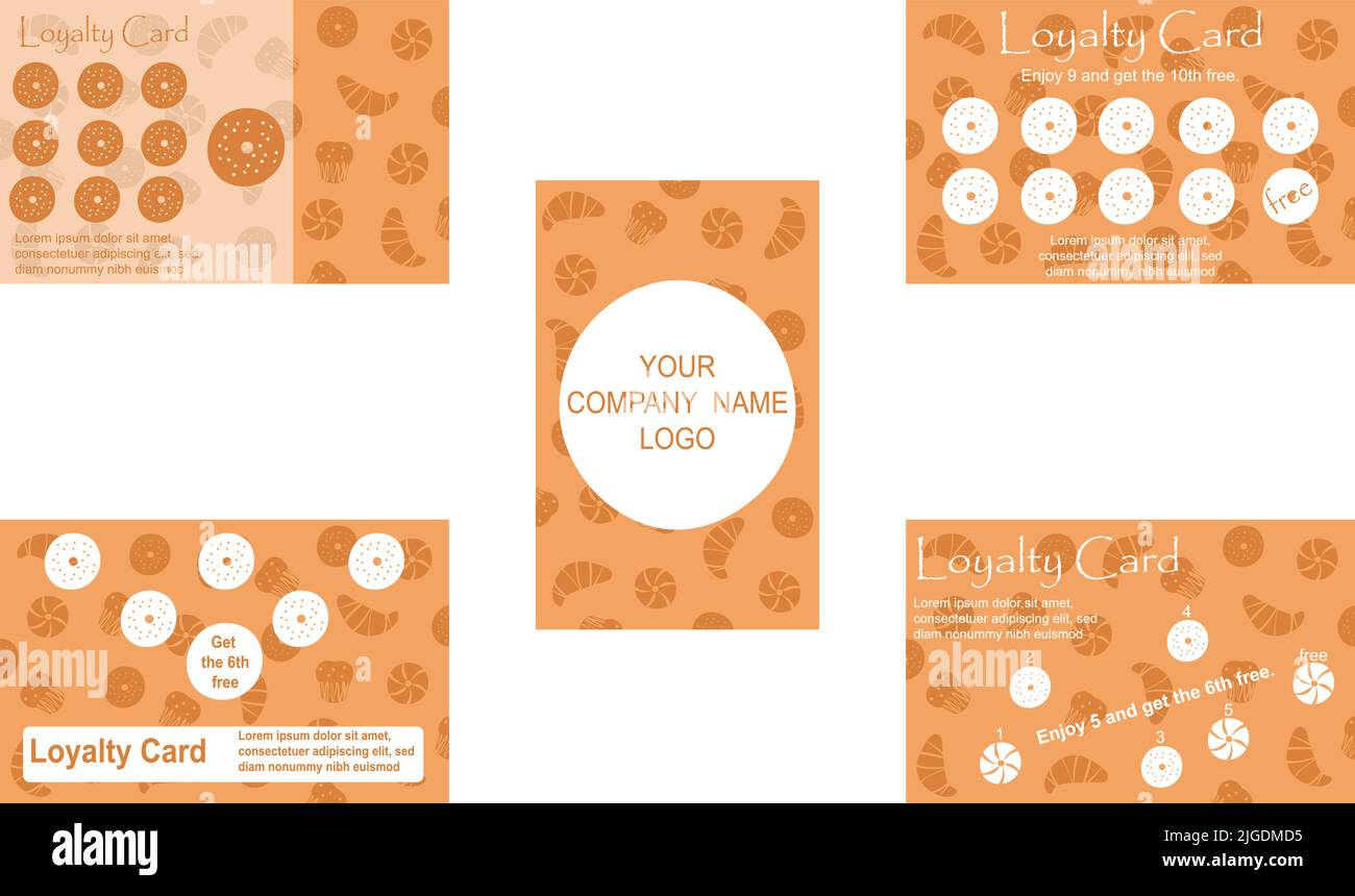 Loyalty card template design to collect stamps for breakfast, bakery, coffee shop. Vectro illustration template. Buy 9 get 10th free. Stock Vector