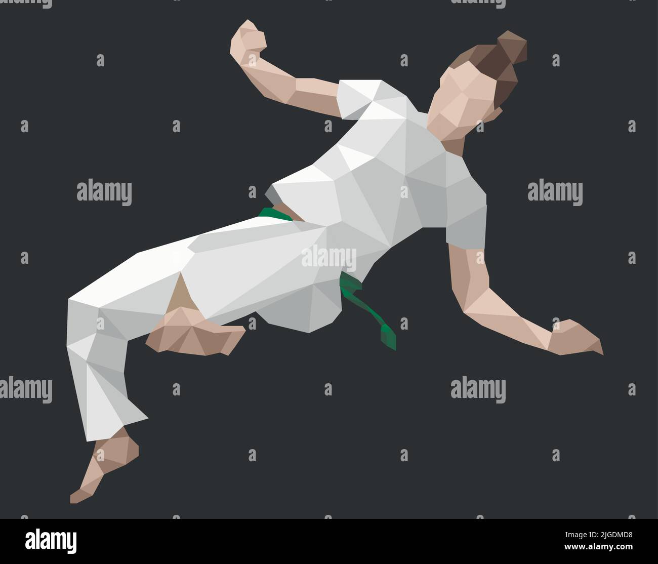 Woman does jumping kick. Capoeira girl does armada com martelo. Low poly design vector illustration icon Stock Vector