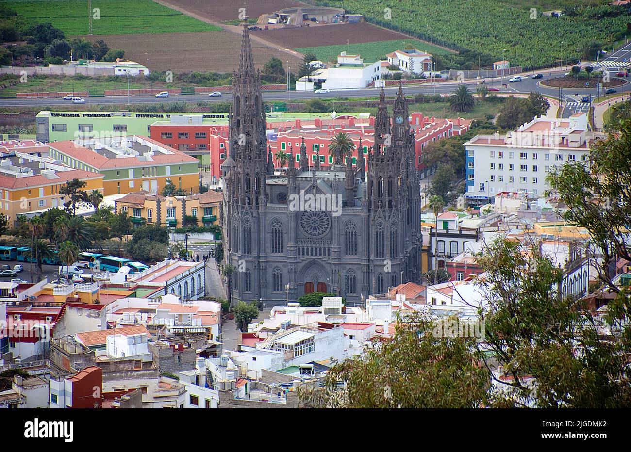 View from the Montana de Arucas over the village Arucas with cathedral San Juan Bautista, landmark of Arucas, Grand Canary, Canary islands, Spain Stock Photo