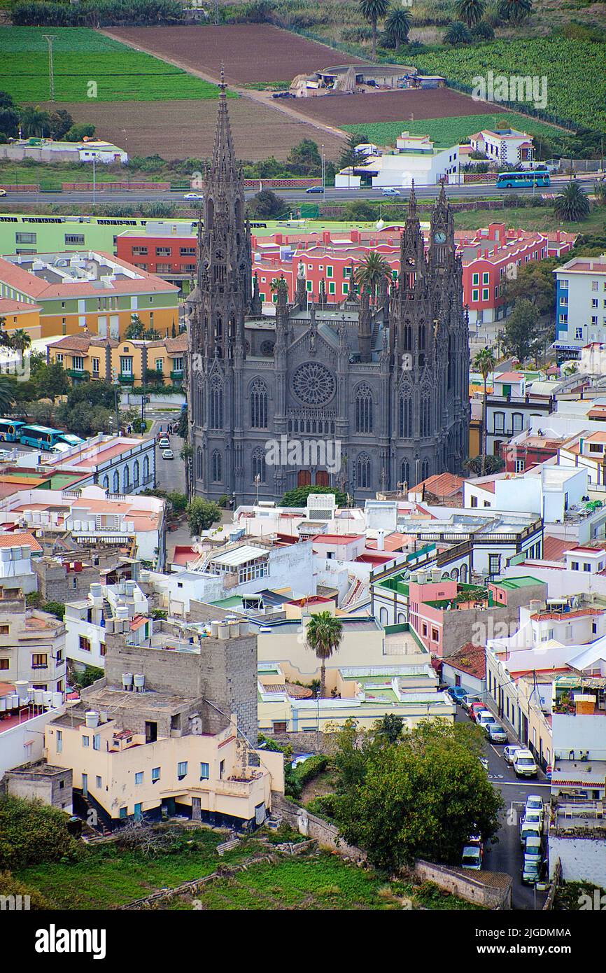 View from the Montana de Arucas over the village Arucas with cathedral San Juan Bautista, landmark of Arucas, Grand Canary, Canary islands, Spain Stock Photo