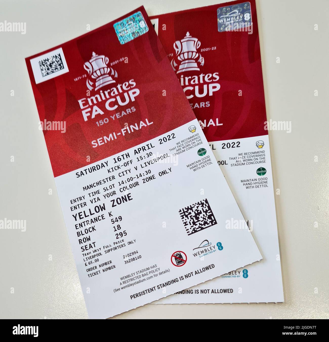 paper fa cup semi final tickets for the match in 2022 between manchester city and liverpool Stock Photo