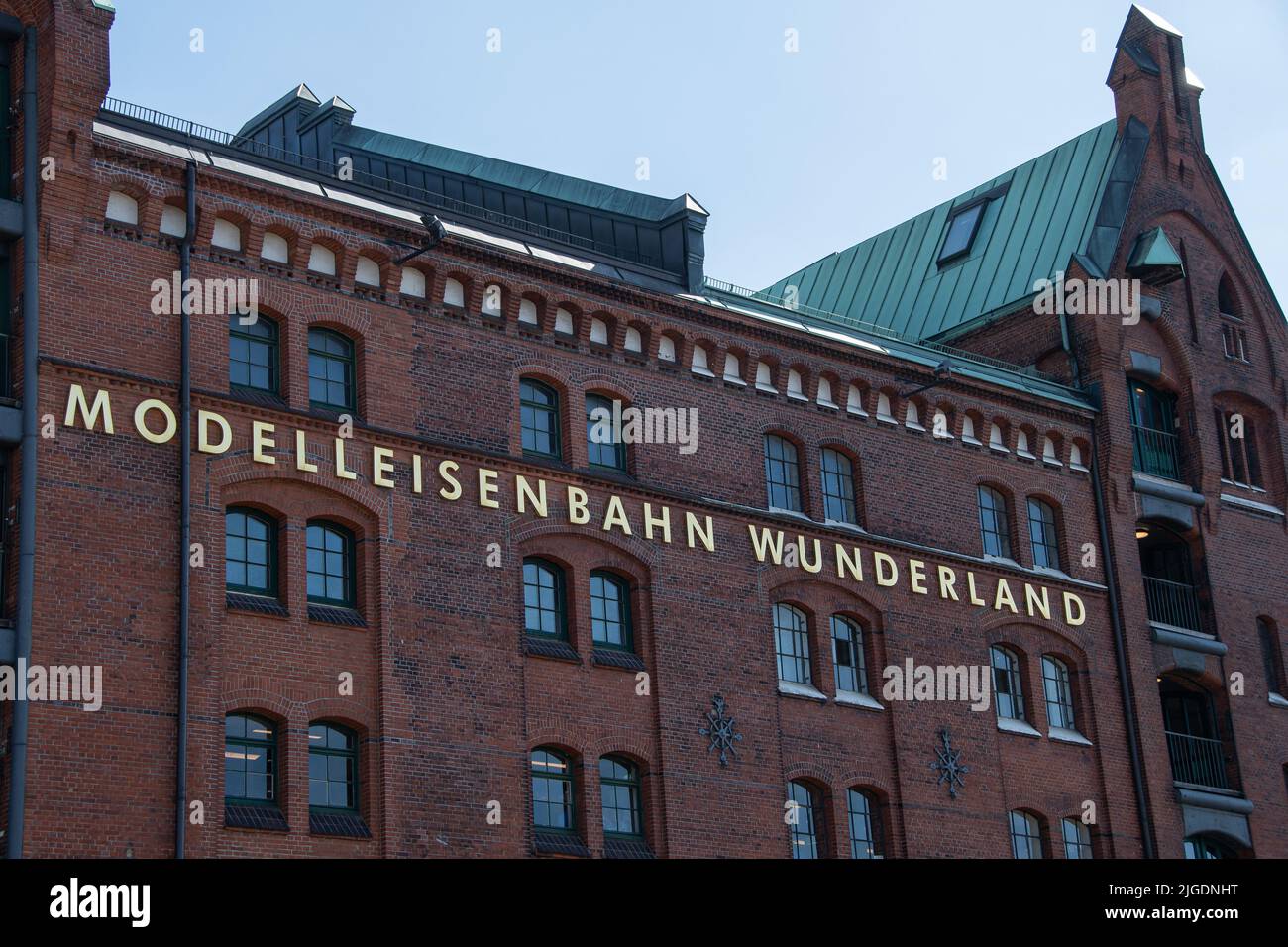 Hamburg, Germany  22 June 2022,  The logo of the 'Modelleisenbahn Wunderland' on the facade in Hamburg Stock Photo