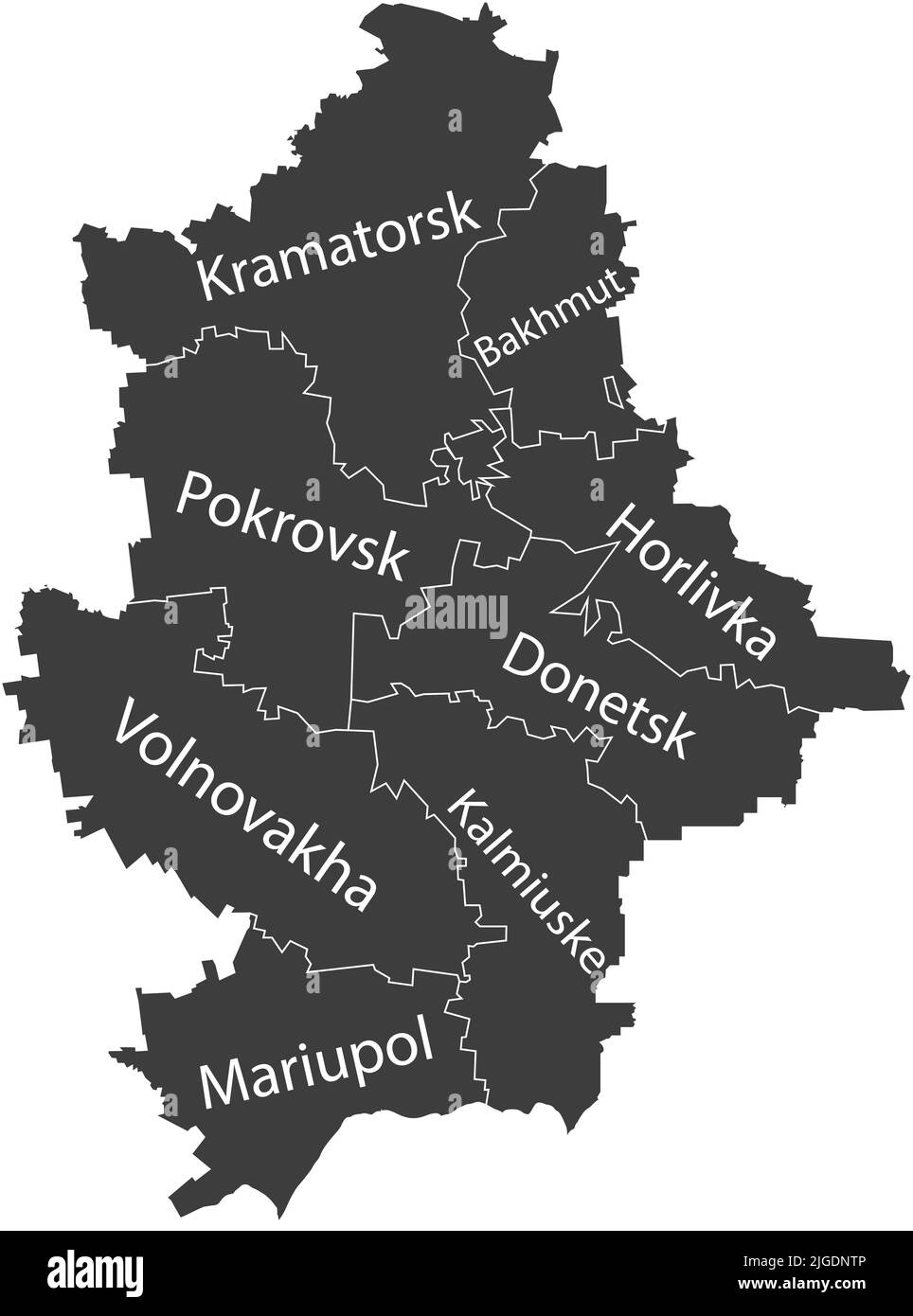 Dark gray tagged map of raions of the DONETSK OBLAST, UKRAINE Stock Vector