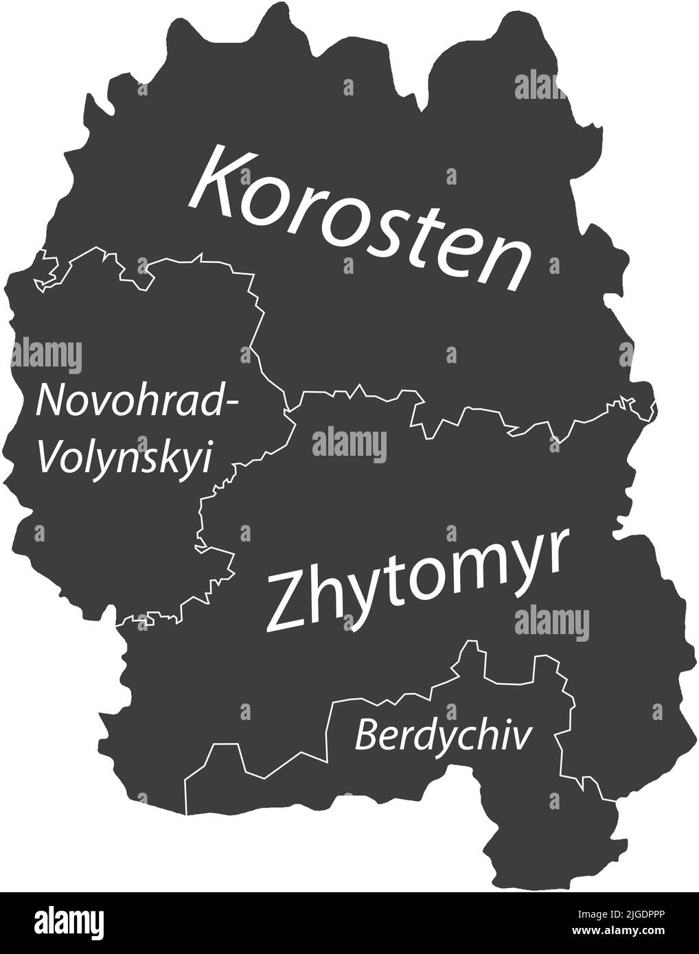 Dark gray tagged map of raions of the ZHYTOMYR OBLAST, UKRAINE Stock Vector
