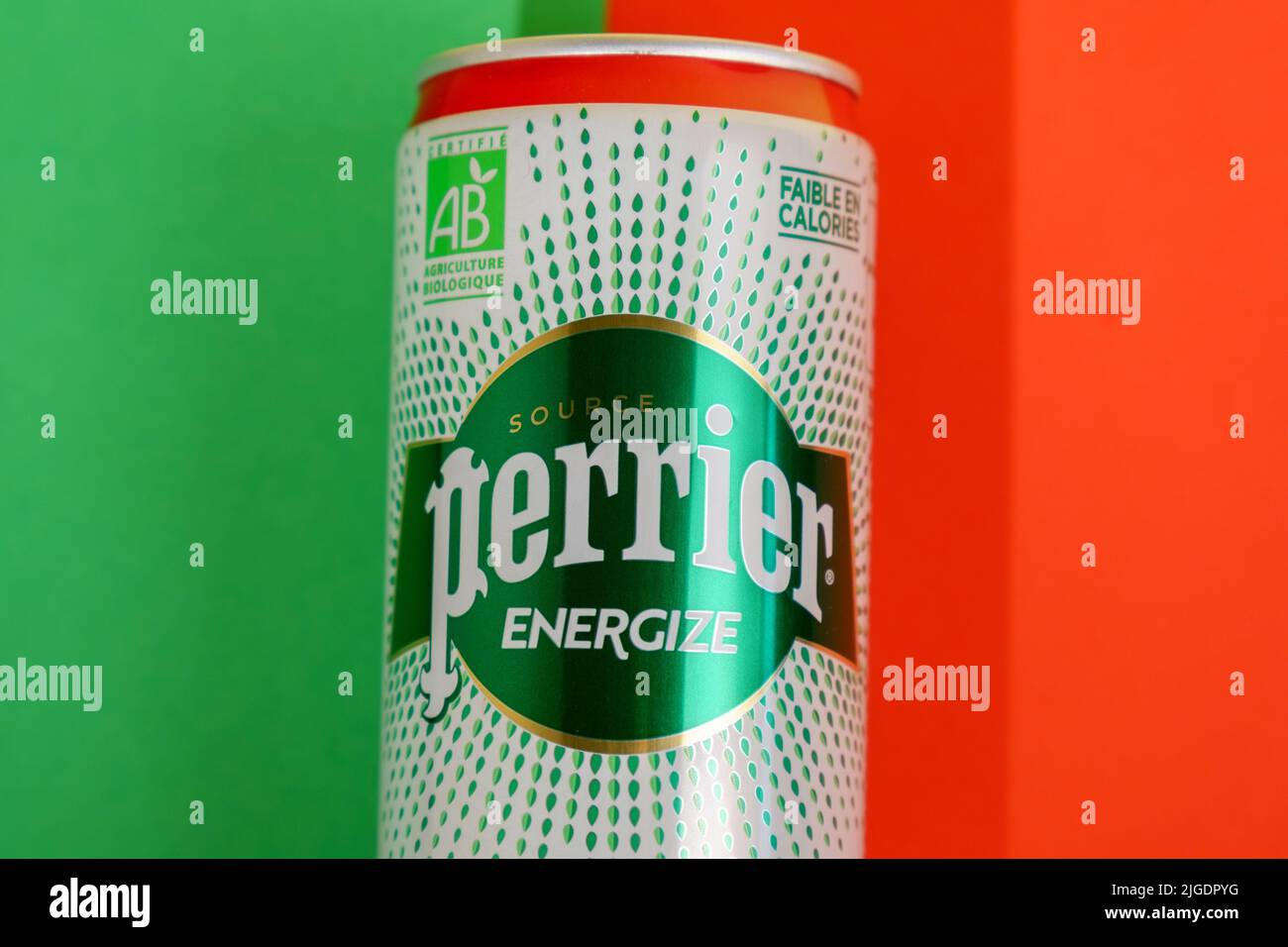 Tyumen, Russia-June 30, 2022: Mineral water Perrier energize caffeine yerba mate. French brand of premium mineral water. Close up Stock Photo