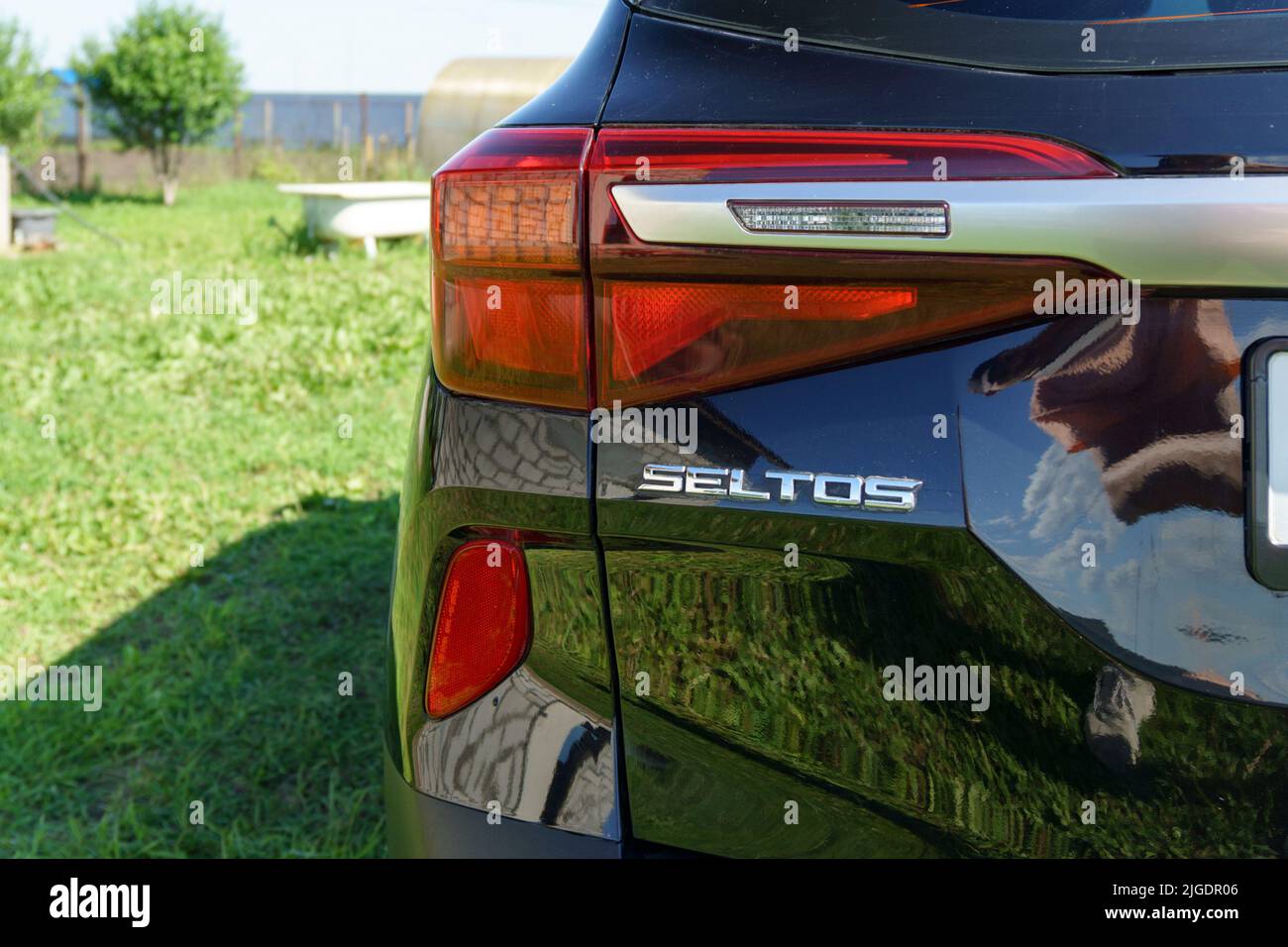 Tyumen, RussiaJune 17, 2022 KIA seltos logo close up. Founded in 1944