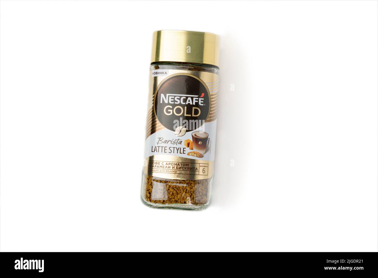 Tyumen, Russia-June 30, 2022: Nescafe Gold roasted coffee barista Latte ...