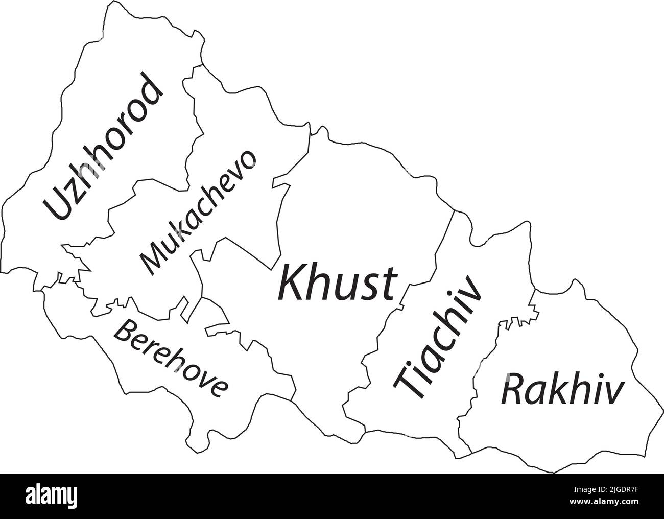 White tagged map of raions of the ZAKARPATTIA OBLAST, UKRAINE Stock Vector