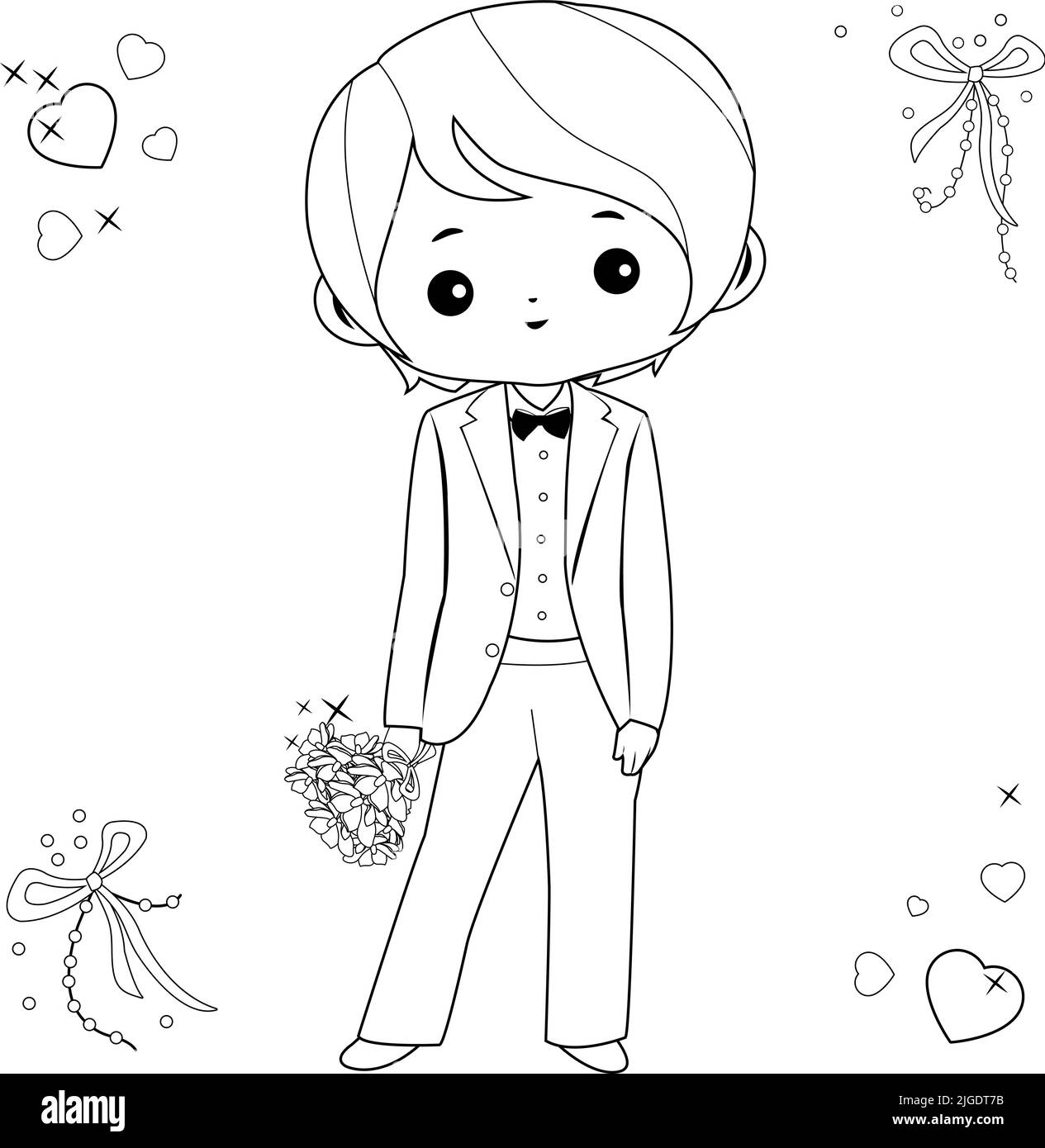 Handsome groom holding a flower bouquet. Vector black and white coloring page Stock Vector