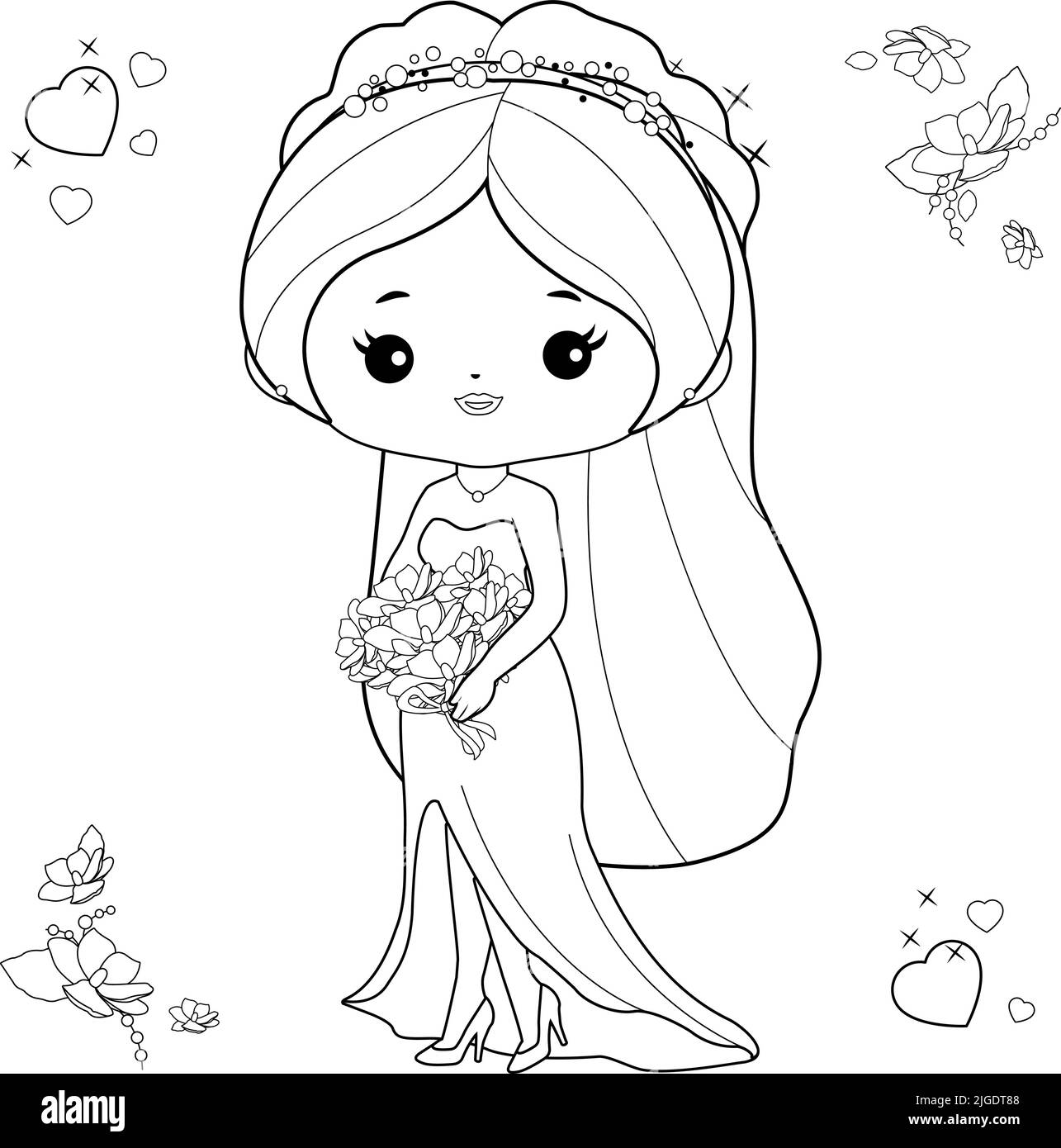 Beautiful bride in a cute wedding dress. Vector black and white coloring page Stock Vector