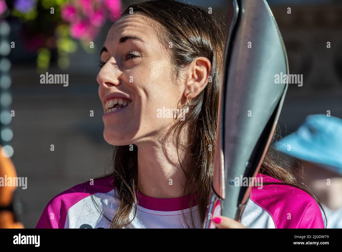 Northampton 10th July 2022. Commonwealth Games Queen’s Baton Relay going through the town centre with Olympic badminton player Chloe Birch while on it’s way to the The Birmingham 2022 Commonwealth Games.  Credit: Keith J Smith./Alamy Live News. Stock Photo
