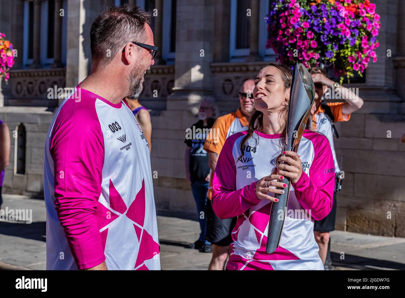 Northampton 10th July 2022. Commonwealth Games Queen’s Baton Relay going through the town centre with left to right Jonathan Holmes, Chloe Birch while on it’s way to the The Birmingham 2022 Commonwealth Games.  Credit: Keith J Smith./Alamy Live News. Stock Photo
