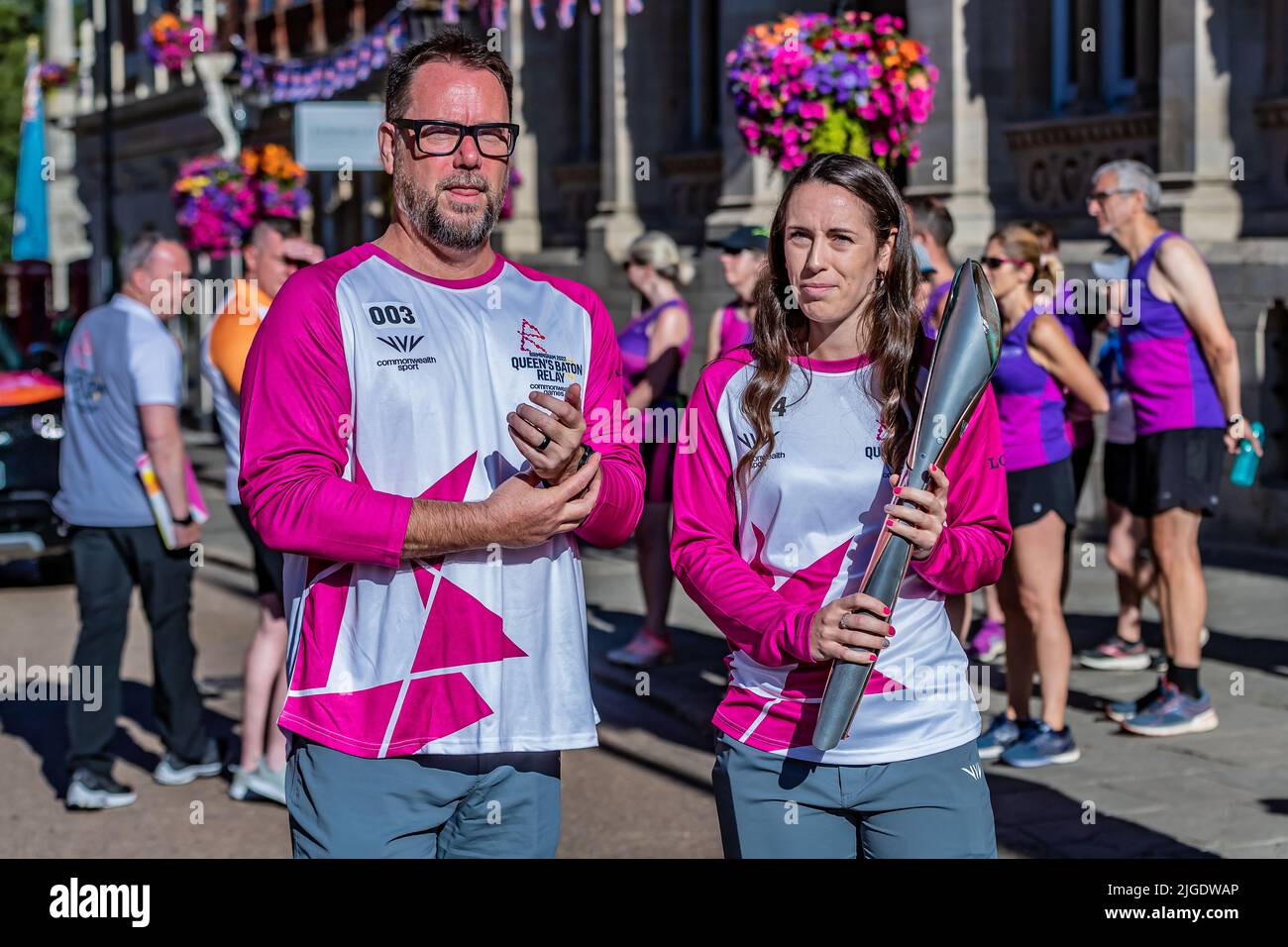 Northampton 10th July 2022. Commonwealth Games Queen’s Baton Relay going through the town centre with left to right Jonathan Holmes, Chloe Birch while on it’s way to the The Birmingham 2022 Commonwealth Games.  Credit: Keith J Smith./Alamy Live News. Stock Photo