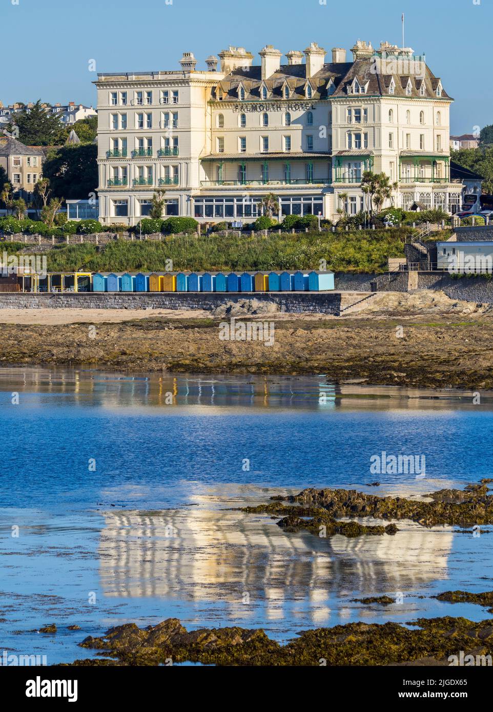 Reflection of Falmouth Hotel, Castle Beach, Falmouth, Cornwall, England, UK, GB. Stock Photo