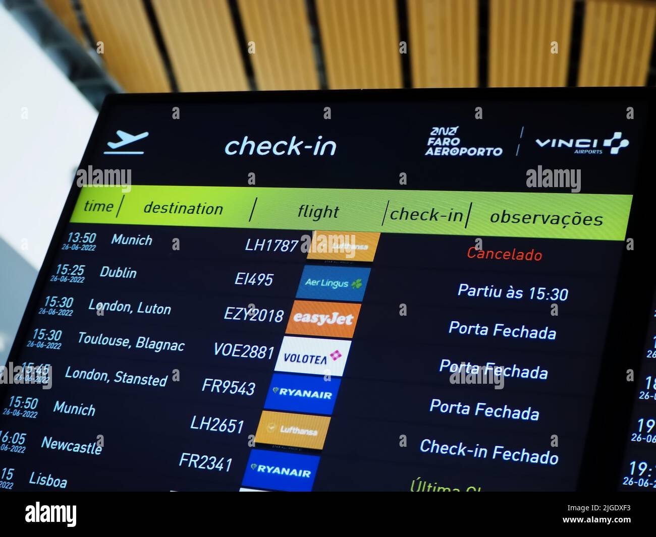 Flight information board at Faro airport Stock Photo