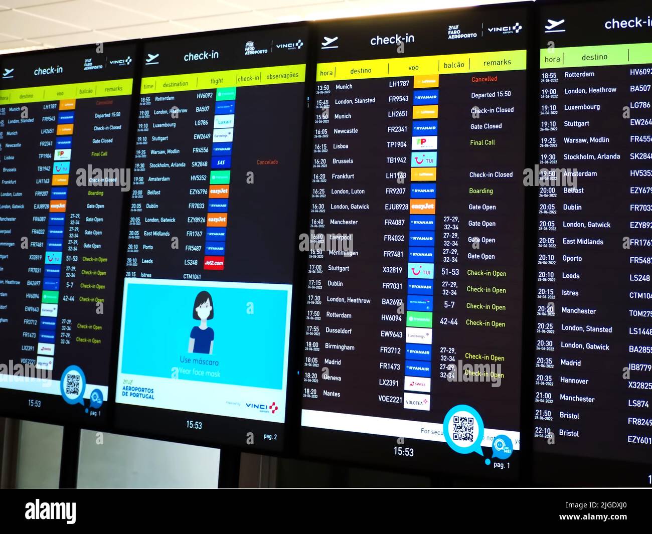 Flight information board at Faro airport Stock Photo