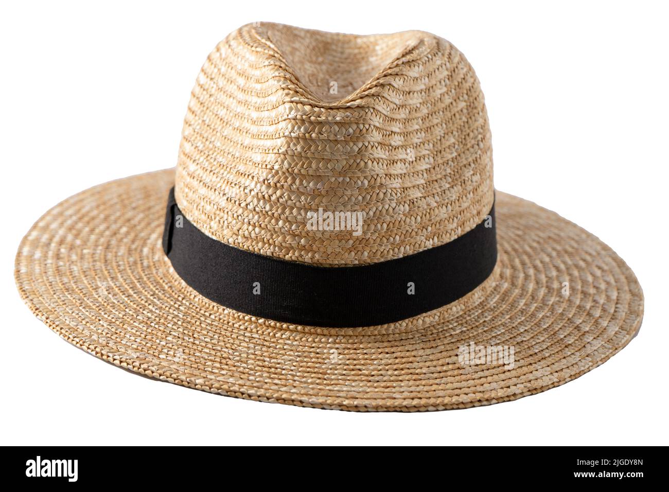 Straw fedora hat isolated. Summer hat with black ribbon. Classic cap on white background Stock