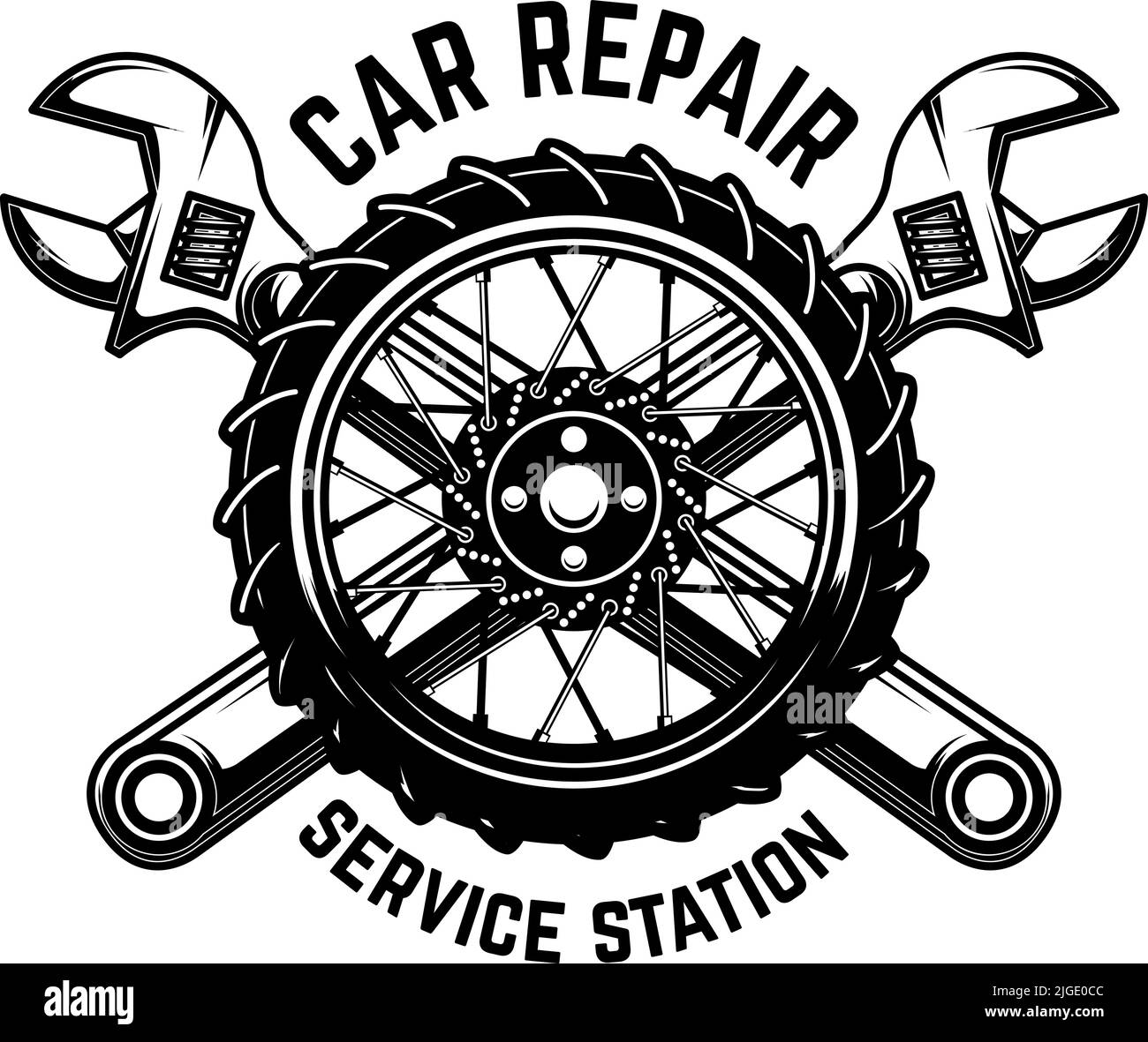 Car repair. Wheel with crossed wrenches. Design element for logo, label